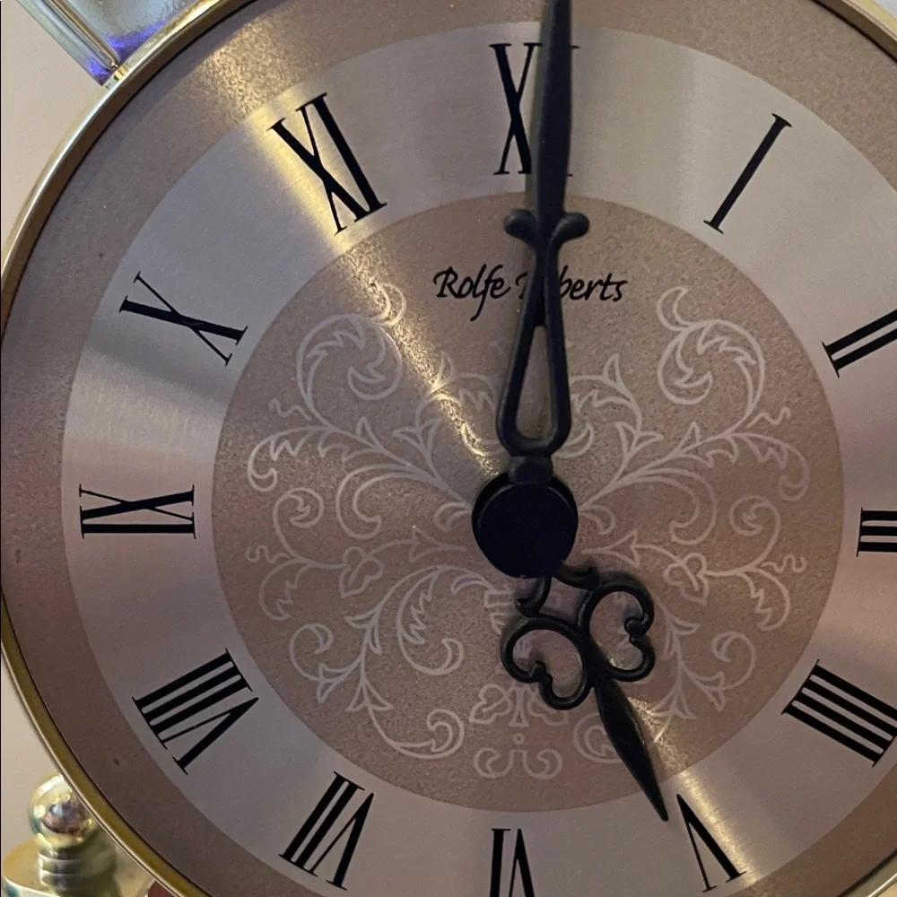 Vtg MCM Rolfe Roberts German Anniversary Clock, Rotating Pendulum,Gold Tone